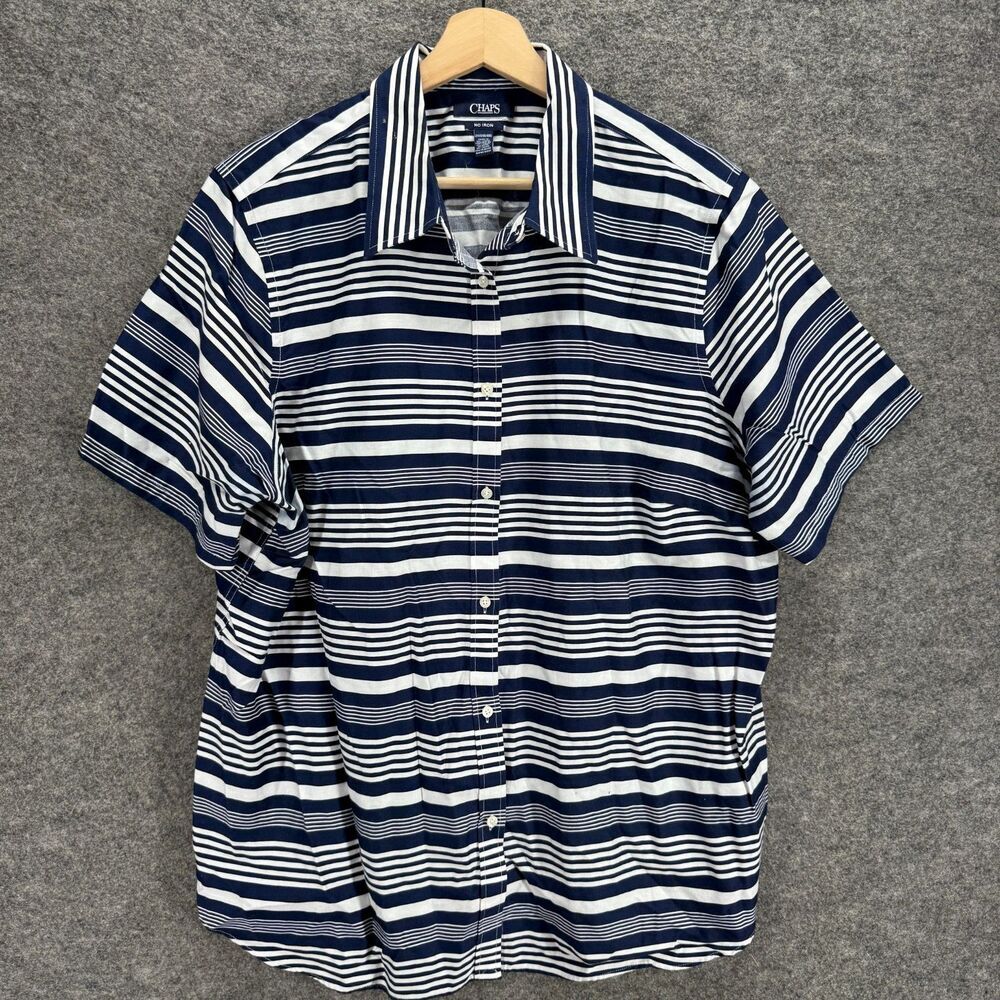 Chaps Shirt Men 2X Big Blue Striped Button Up Collared Short Sleeve Cotton